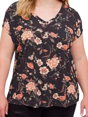 Torrid Knit Cupro Dolman Tee V-neck Short Sleeves Floral Print Black 3X